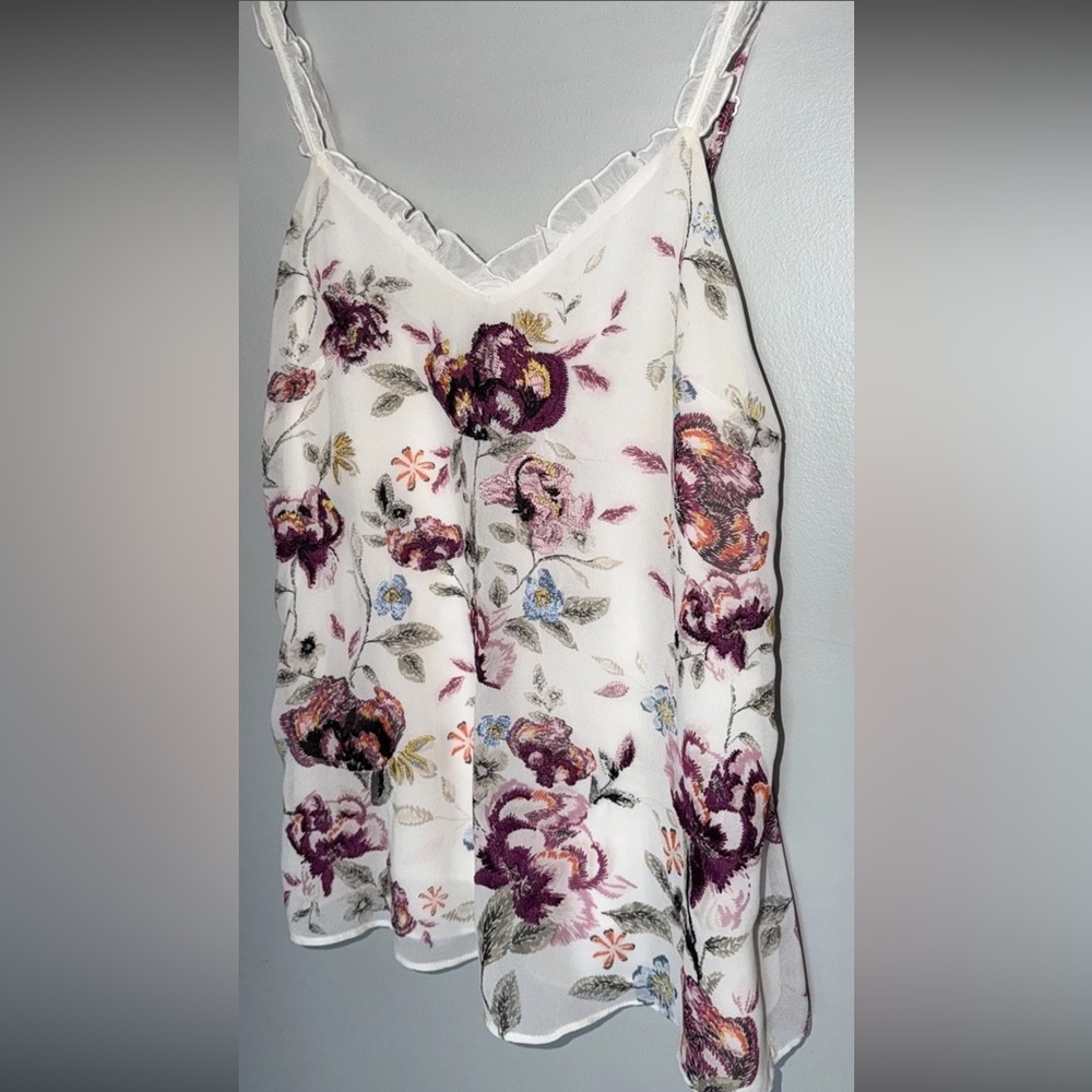 White House Black Market Floral Camisole Babydoll Top,Ruffle trim, Embroidery